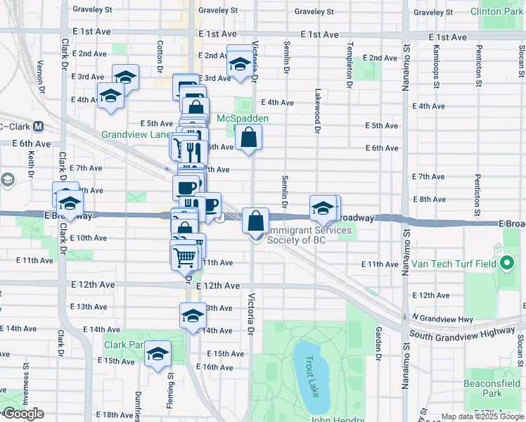 map of restaurants, bars, coffee shops, grocery stores, and more near 1943 East Broadway in Vancouver