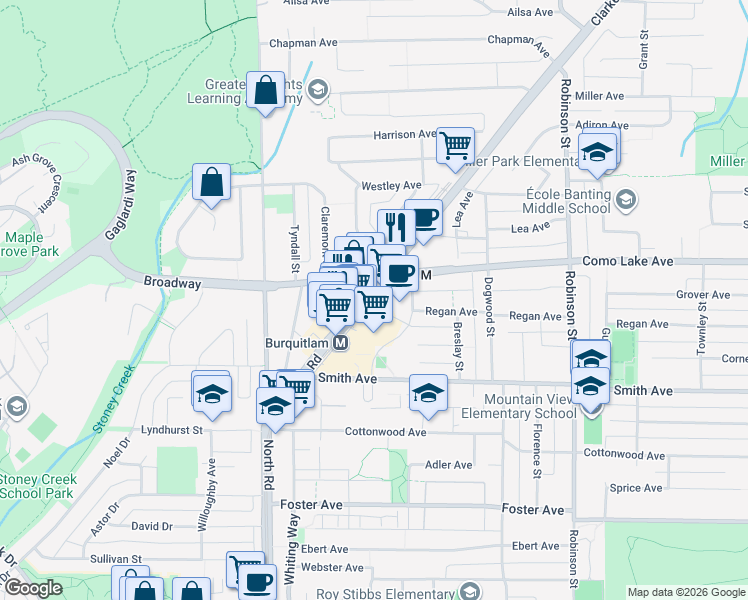 map of restaurants, bars, coffee shops, grocery stores, and more near 580 Clarke Road in Coquitlam