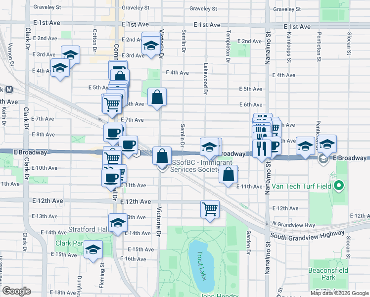map of restaurants, bars, coffee shops, grocery stores, and more near 2007 East Broadway in Vancouver