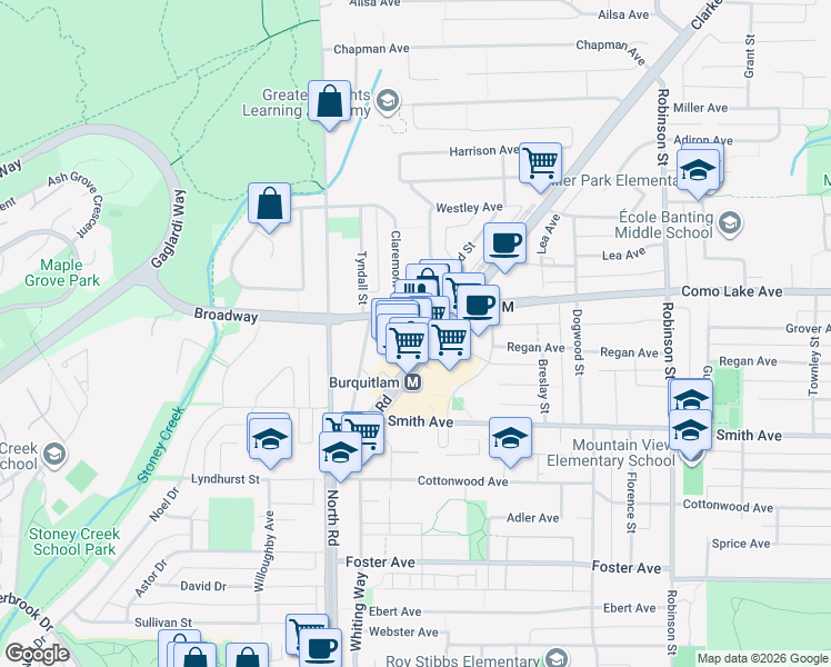 map of restaurants, bars, coffee shops, grocery stores, and more near in Coquitlam