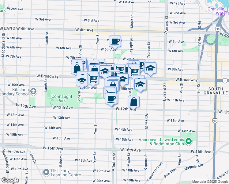 map of restaurants, bars, coffee shops, grocery stores, and more near 2630 Arbutus Street in Vancouver