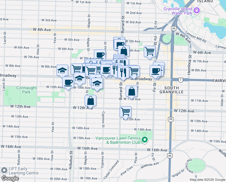 map of restaurants, bars, coffee shops, grocery stores, and more near 1844 West 10th Avenue in Vancouver