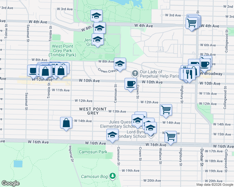 map of restaurants, bars, coffee shops, grocery stores, and more near 4098 West 11th Avenue in Vancouver