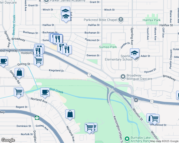 map of restaurants, bars, coffee shops, grocery stores, and more near 6331 Lougheed Highway in Burnaby