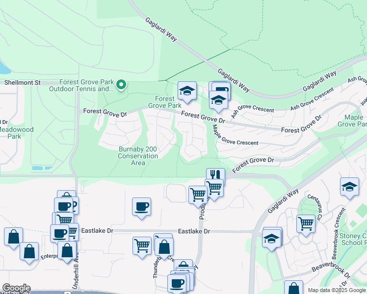 map of restaurants, bars, coffee shops, grocery stores, and more near 8556 Woodgrove Place in Burnaby