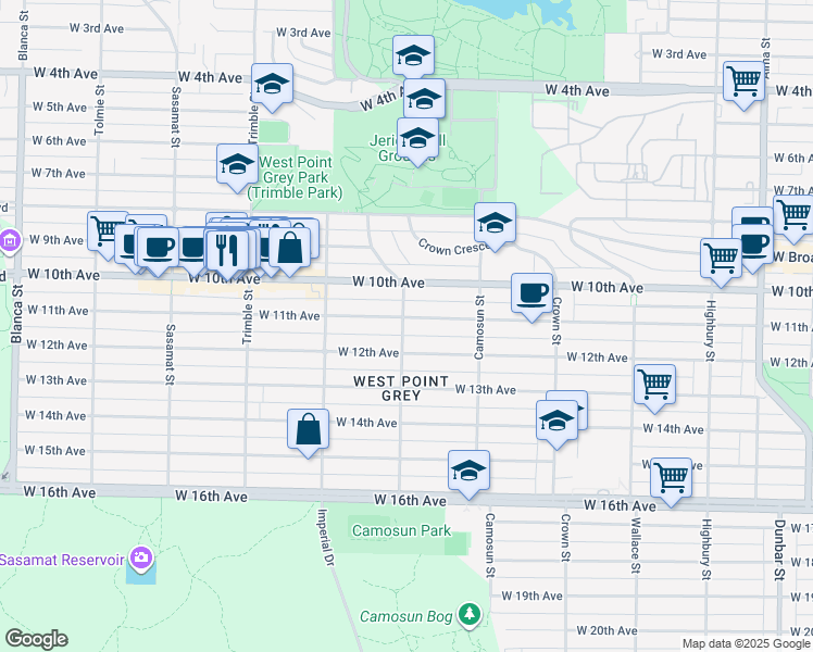 map of restaurants, bars, coffee shops, grocery stores, and more near 4198 West 11th Avenue in Vancouver