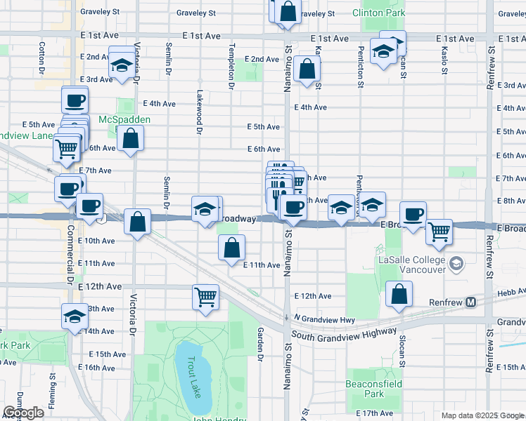 map of restaurants, bars, coffee shops, grocery stores, and more near 2282 East 8th Avenue in Vancouver