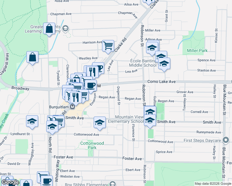 map of restaurants, bars, coffee shops, grocery stores, and more near 750 Dogwood Street in Coquitlam