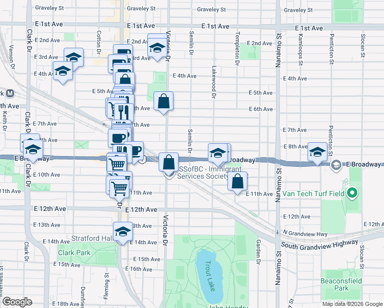 map of restaurants, bars, coffee shops, grocery stores, and more near 2005 East Broadway in Vancouver