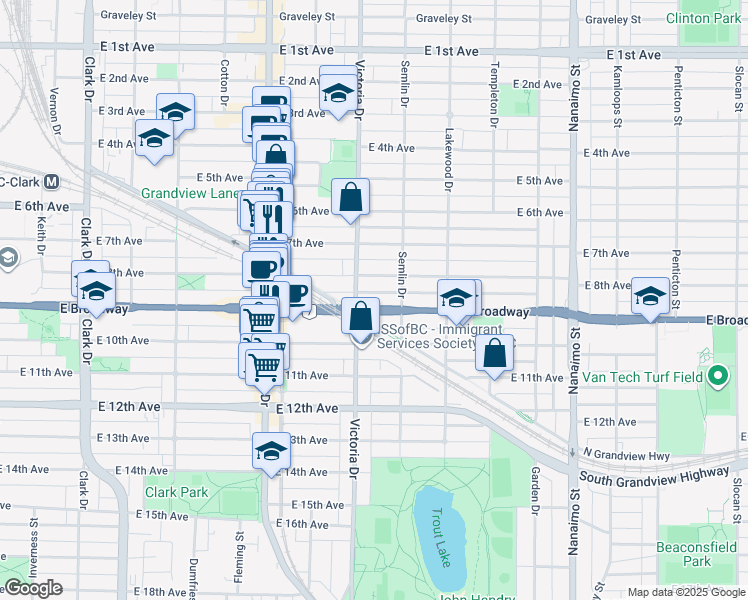 map of restaurants, bars, coffee shops, grocery stores, and more near 1933 East Broadway in Vancouver