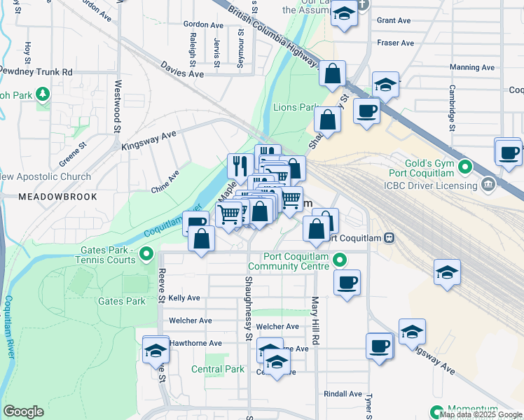 map of restaurants, bars, coffee shops, grocery stores, and more near 2571 Shaughnessy Street in Port Coquitlam