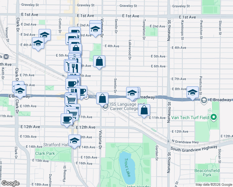 map of restaurants, bars, coffee shops, grocery stores, and more near in Vancouver