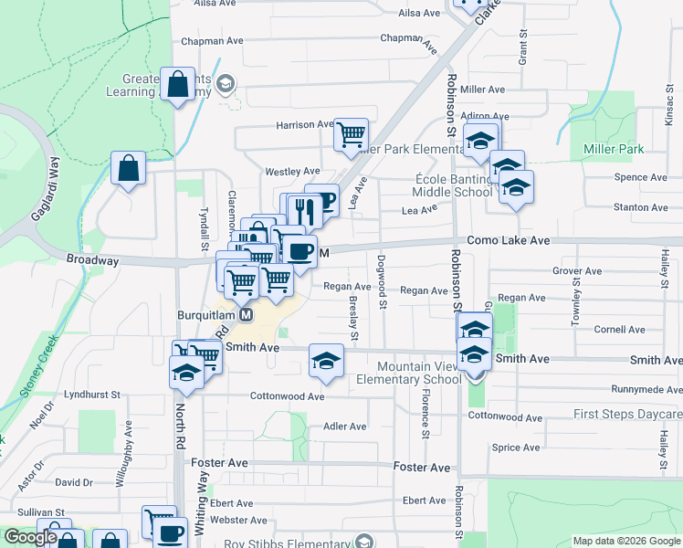 map of restaurants, bars, coffee shops, grocery stores, and more near 611 Regan Avenue in Coquitlam