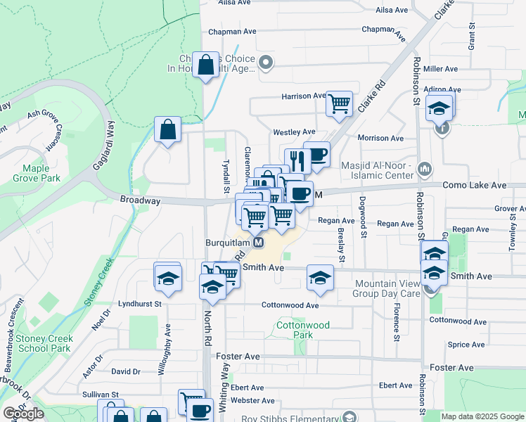 map of restaurants, bars, coffee shops, grocery stores, and more near 567 Clarke Road in Coquitlam