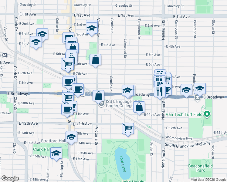 map of restaurants, bars, coffee shops, grocery stores, and more near 2011 East Broadway in Vancouver