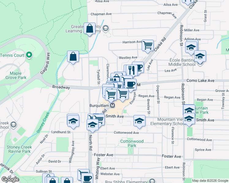 map of restaurants, bars, coffee shops, grocery stores, and more near 567 Clarke Road in Coquitlam
