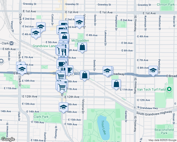 map of restaurants, bars, coffee shops, grocery stores, and more near 1949 East Broadway in Vancouver