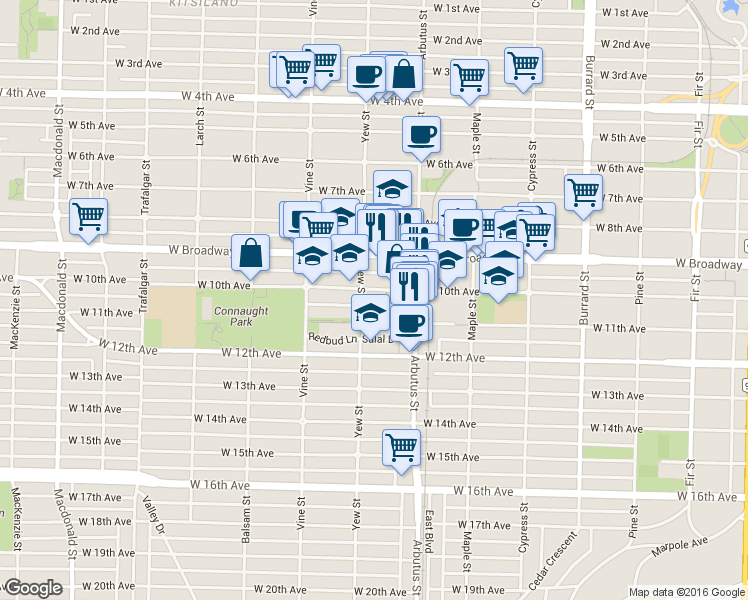 map of restaurants, bars, coffee shops, grocery stores, and more near in Vancouver