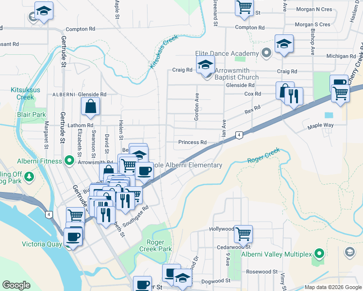 map of restaurants, bars, coffee shops, grocery stores, and more near in Port Alberni
