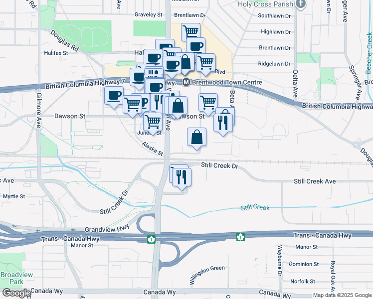 map of restaurants, bars, coffee shops, grocery stores, and more near 2421 Alpha Avenue in Burnaby