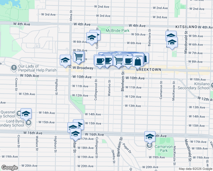 map of restaurants, bars, coffee shops, grocery stores, and more near 2685 Waterloo Street in Vancouver