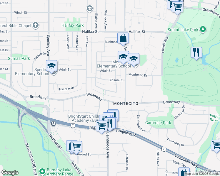 map of restaurants, bars, coffee shops, grocery stores, and more near 7139 Paulus Crescent in Burnaby
