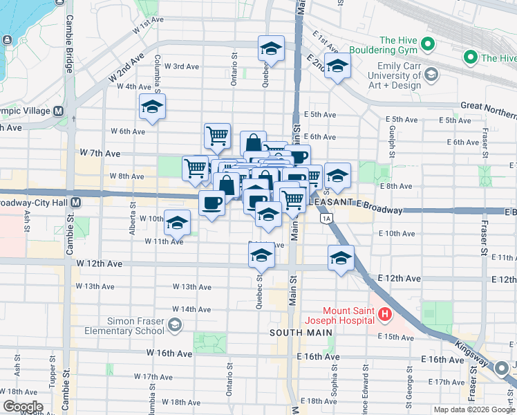 map of restaurants, bars, coffee shops, grocery stores, and more near 2523 Quebec Street in Vancouver