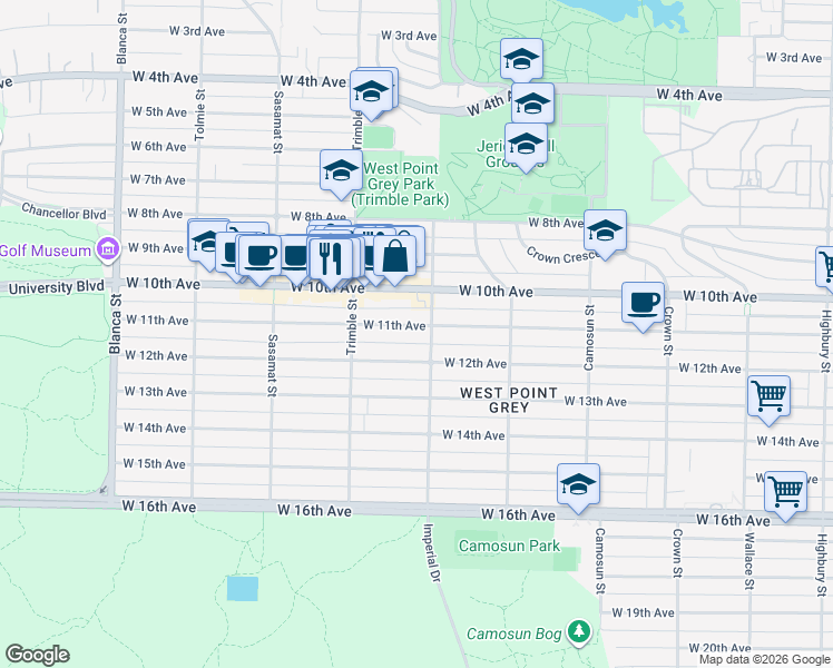 map of restaurants, bars, coffee shops, grocery stores, and more near 4318 West 11th Avenue in Vancouver