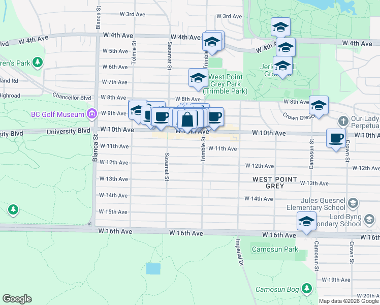 map of restaurants, bars, coffee shops, grocery stores, and more near 4436 West 11th Avenue in Vancouver
