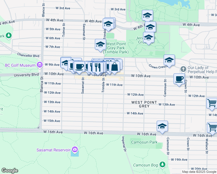 map of restaurants, bars, coffee shops, grocery stores, and more near 4378 West 11th Avenue in Vancouver