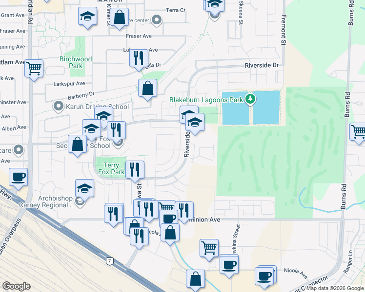 map of restaurants, bars, coffee shops, grocery stores, and more near 1040 Riverside Drive in Port Coquitlam
