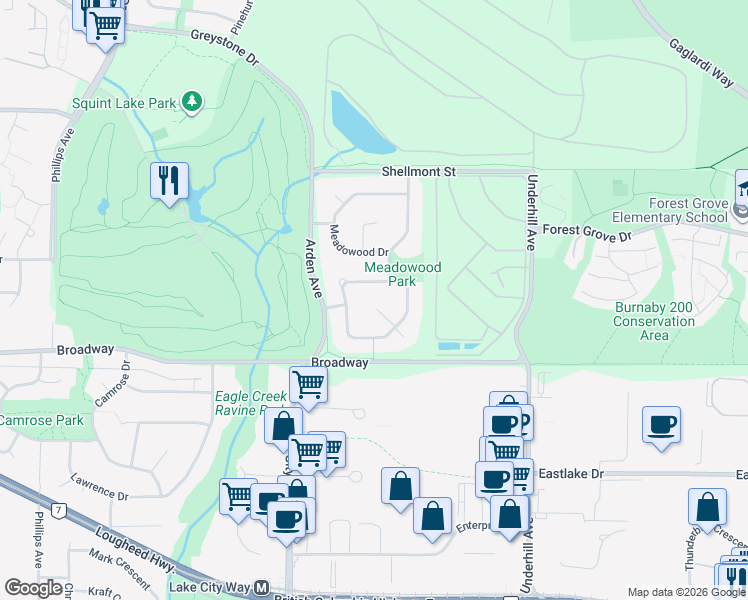 map of restaurants, bars, coffee shops, grocery stores, and more near 2220 Windwood Place in Burnaby