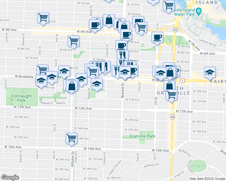 map of restaurants, bars, coffee shops, grocery stores, and more near 1858 West 10th Avenue in Vancouver