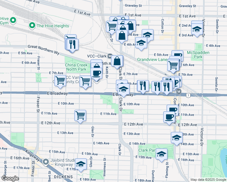 map of restaurants, bars, coffee shops, grocery stores, and more near 1237 East Broadway in Vancouver
