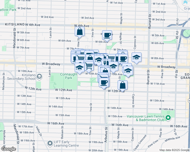 map of restaurants, bars, coffee shops, grocery stores, and more near 2628 Yew Street in Vancouver