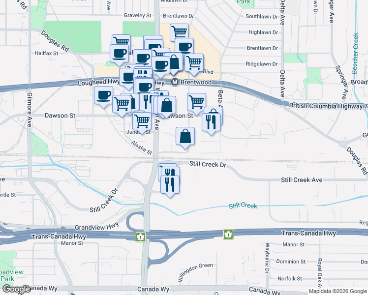 map of restaurants, bars, coffee shops, grocery stores, and more near 2425 Alpha Avenue in Burnaby