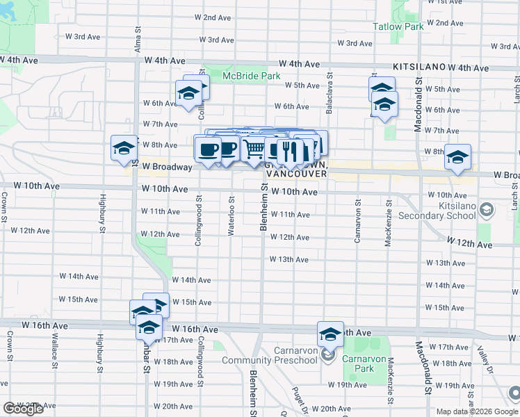 map of restaurants, bars, coffee shops, grocery stores, and more near 3305 West 11th Avenue in Vancouver