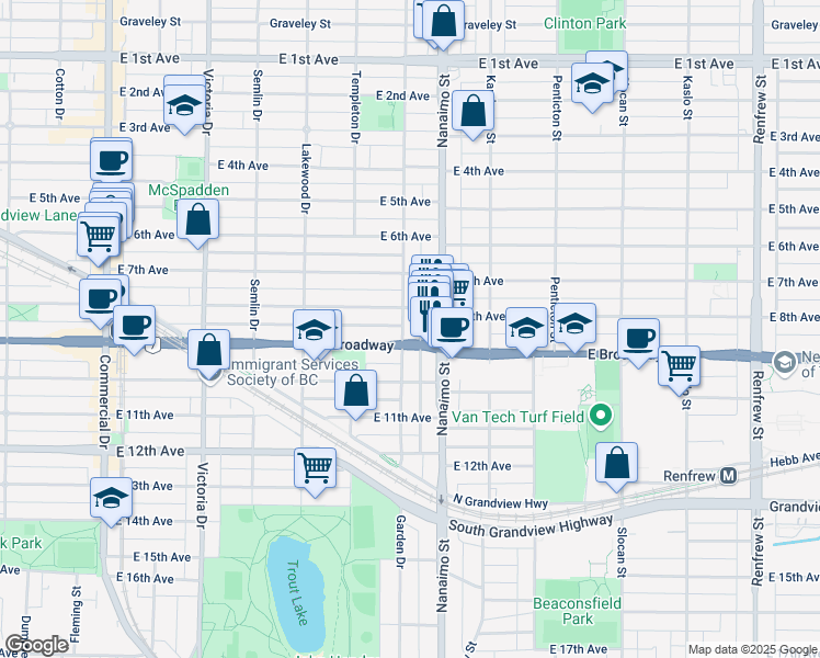 map of restaurants, bars, coffee shops, grocery stores, and more near 2450 Garden Drive in Vancouver