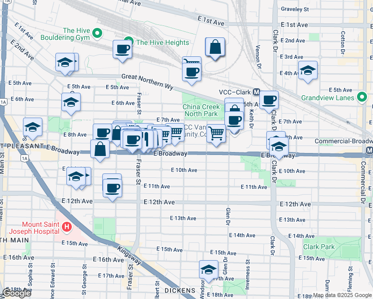 map of restaurants, bars, coffee shops, grocery stores, and more near 901 East Broadway in Vancouver
