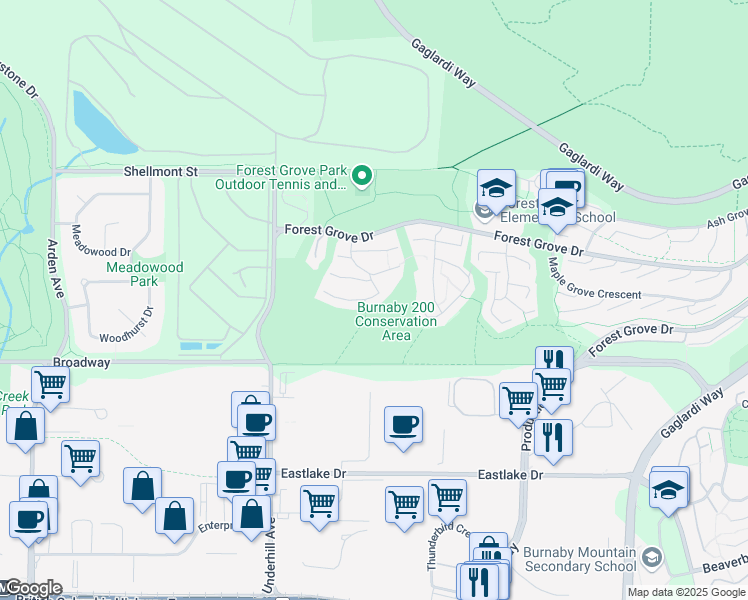 map of restaurants, bars, coffee shops, grocery stores, and more near 8280 Amberwood Place in Burnaby
