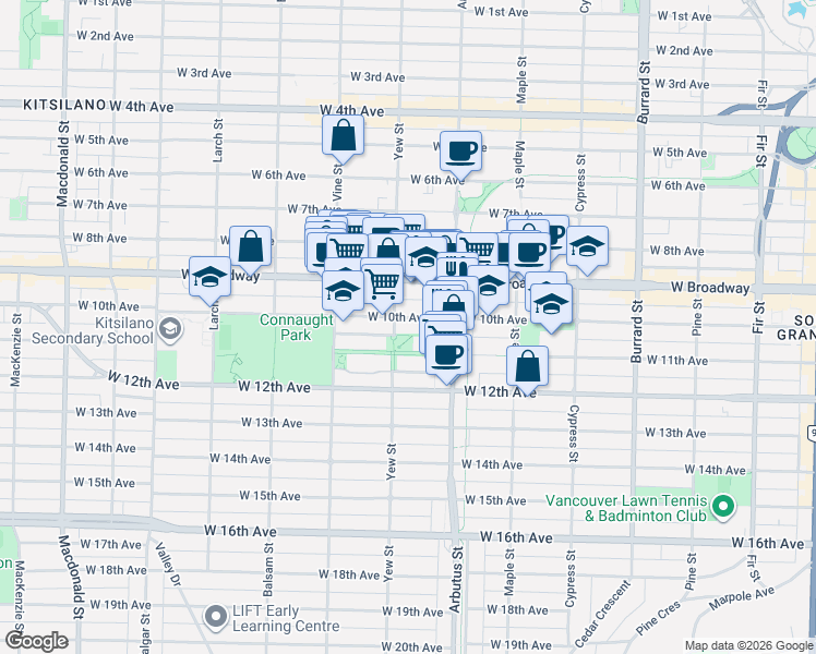 map of restaurants, bars, coffee shops, grocery stores, and more near 2628 Yew Street in Vancouver