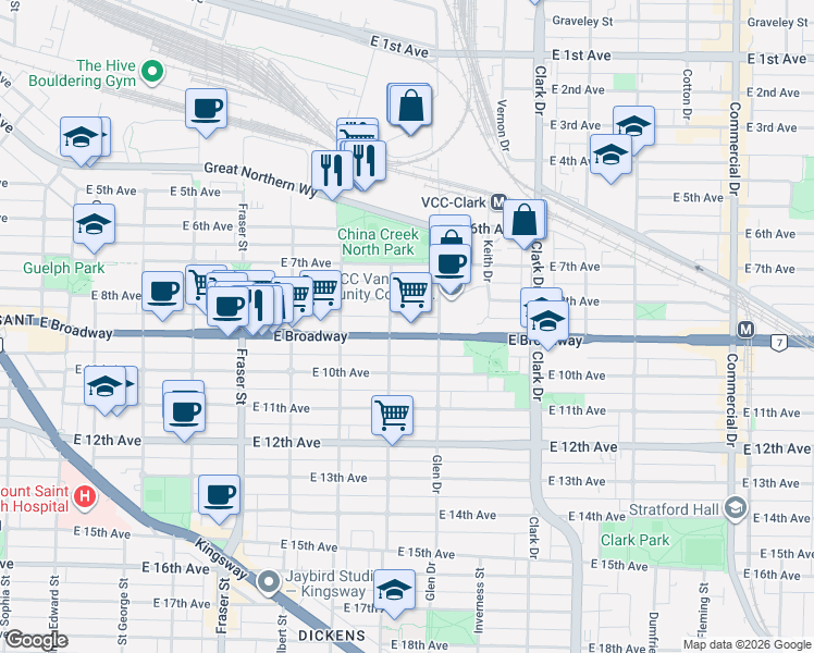 map of restaurants, bars, coffee shops, grocery stores, and more near 1025 East Broadway in Vancouver