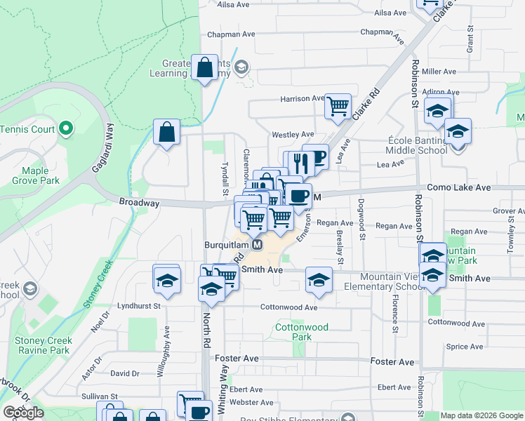map of restaurants, bars, coffee shops, grocery stores, and more near 567 Clarke Road in Coquitlam