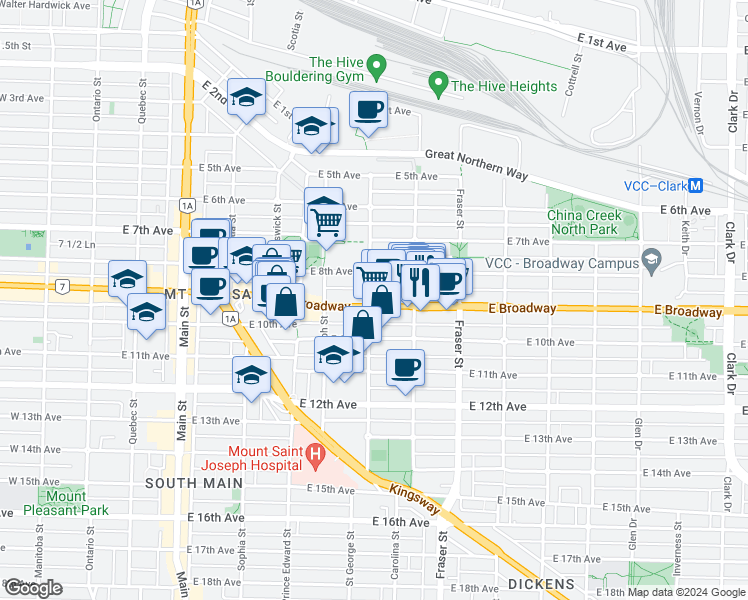 map of restaurants, bars, coffee shops, grocery stores, and more near 501 East Broadway in Vancouver