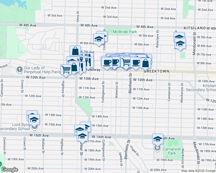 map of restaurants, bars, coffee shops, grocery stores, and more near 3443 West 11th Avenue in Vancouver