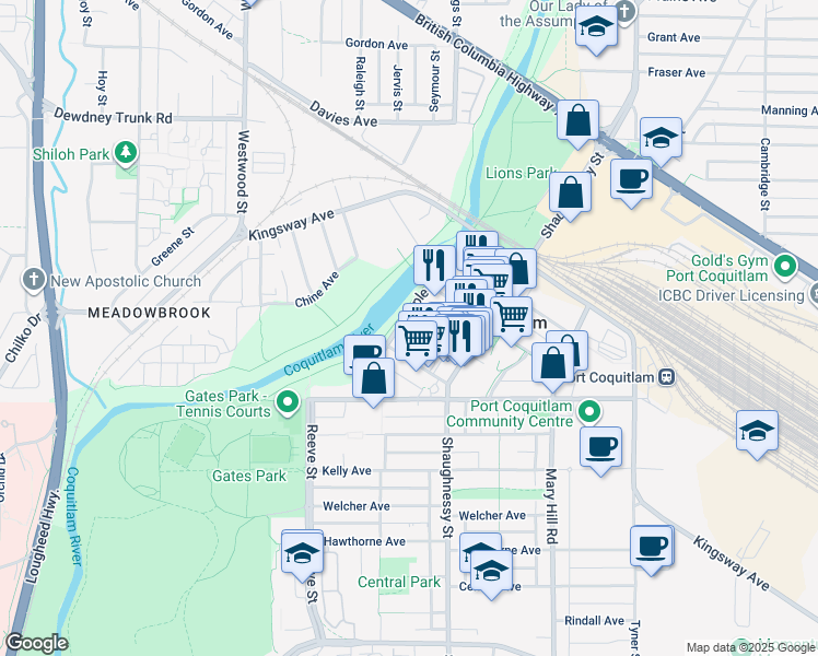 map of restaurants, bars, coffee shops, grocery stores, and more near 2362 Whyte Avenue in Port Coquitlam