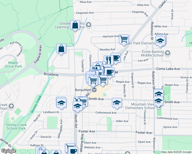 map of restaurants, bars, coffee shops, grocery stores, and more near in Coquitlam