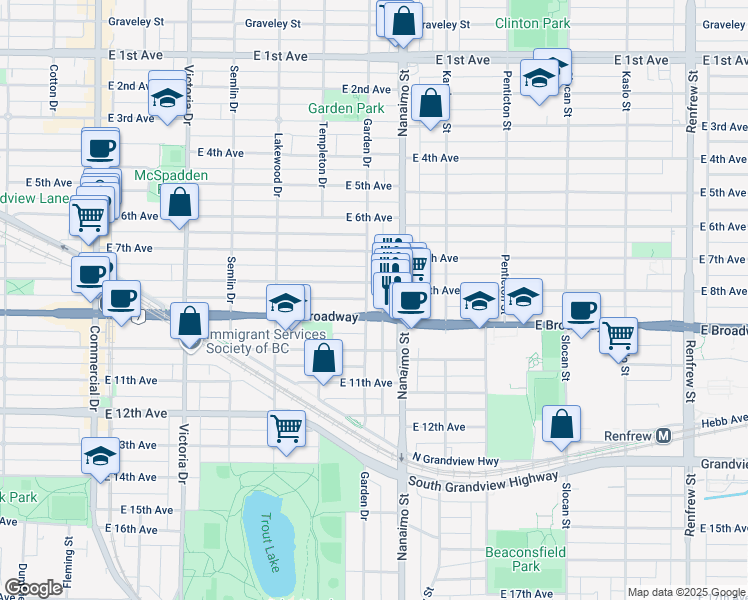 map of restaurants, bars, coffee shops, grocery stores, and more near 2282 East 8th Avenue in Vancouver