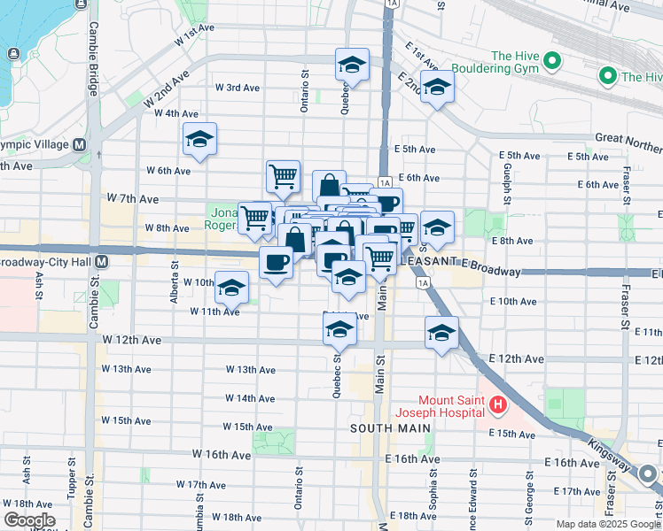 map of restaurants, bars, coffee shops, grocery stores, and more near in Vancouver