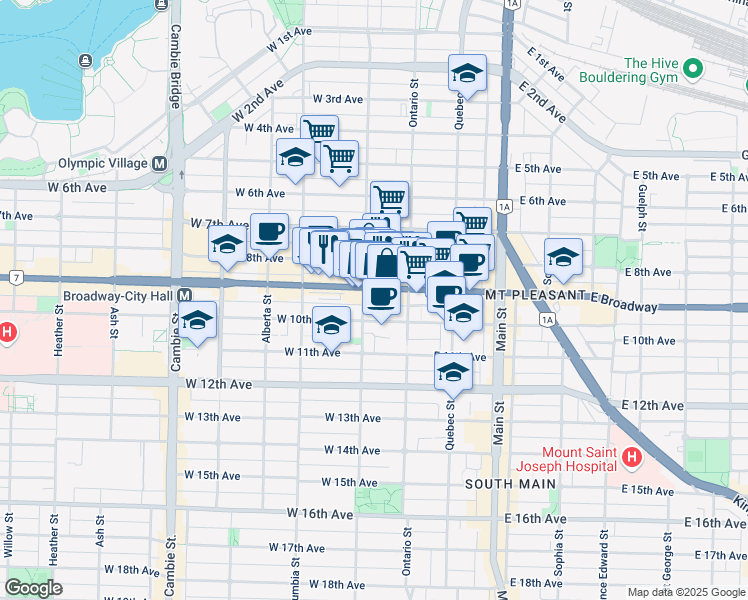 map of restaurants, bars, coffee shops, grocery stores, and more near in Vancouver